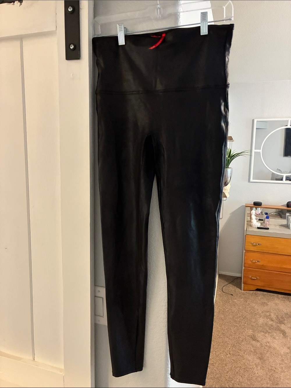 NWOT !!SPANX High-Waist Faux Leather Leggings in Black with Red Detail